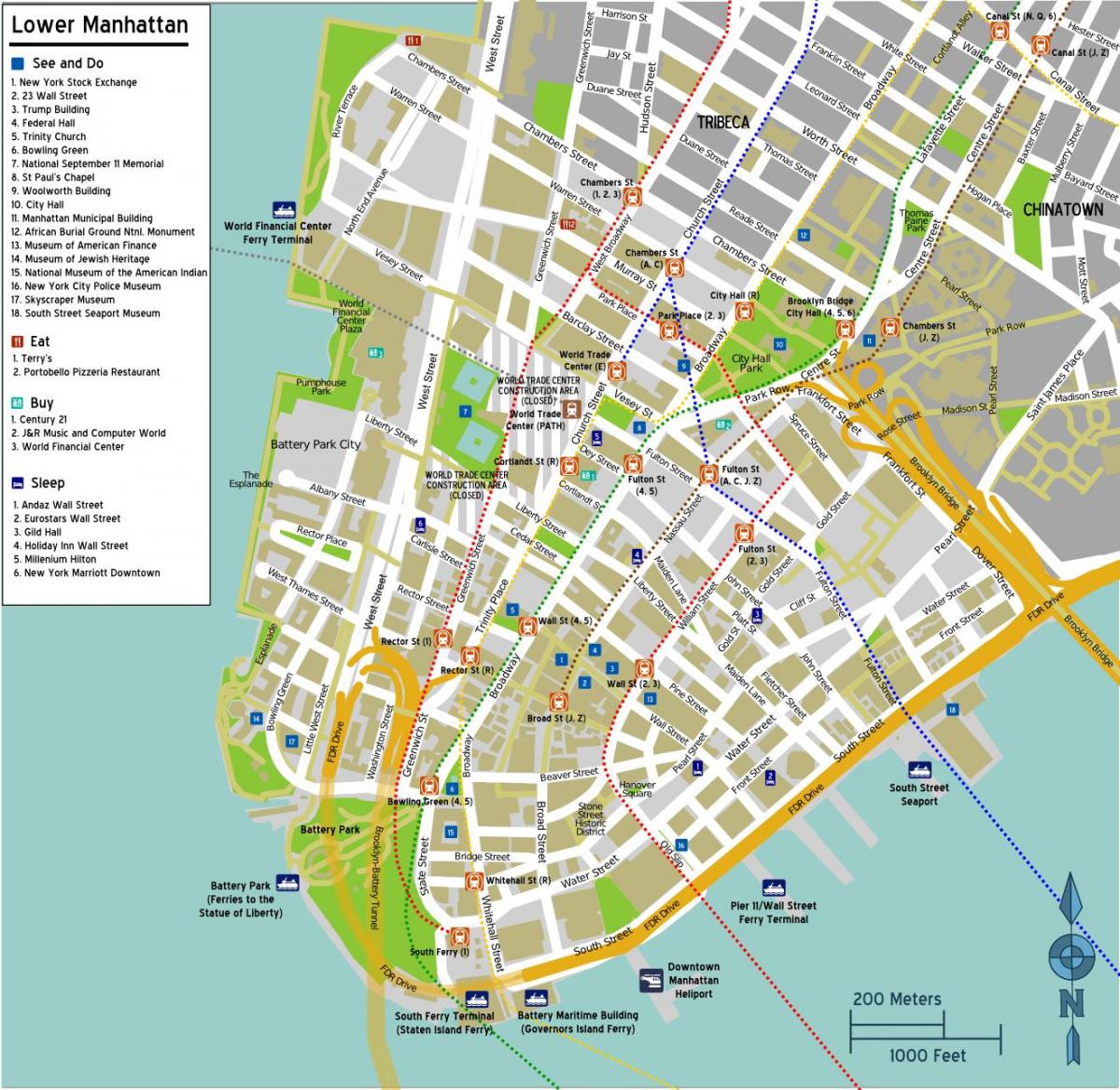 žemėlapis žemutiniame Manhetene su gatvių pavadinimų
