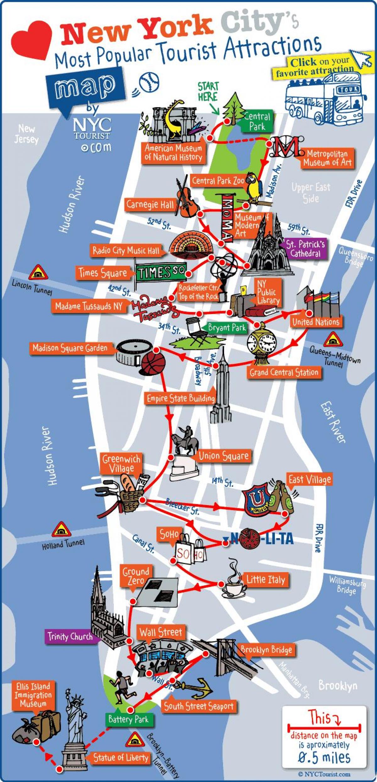 žemėlapis Manhetene, niujorke atrakcionai