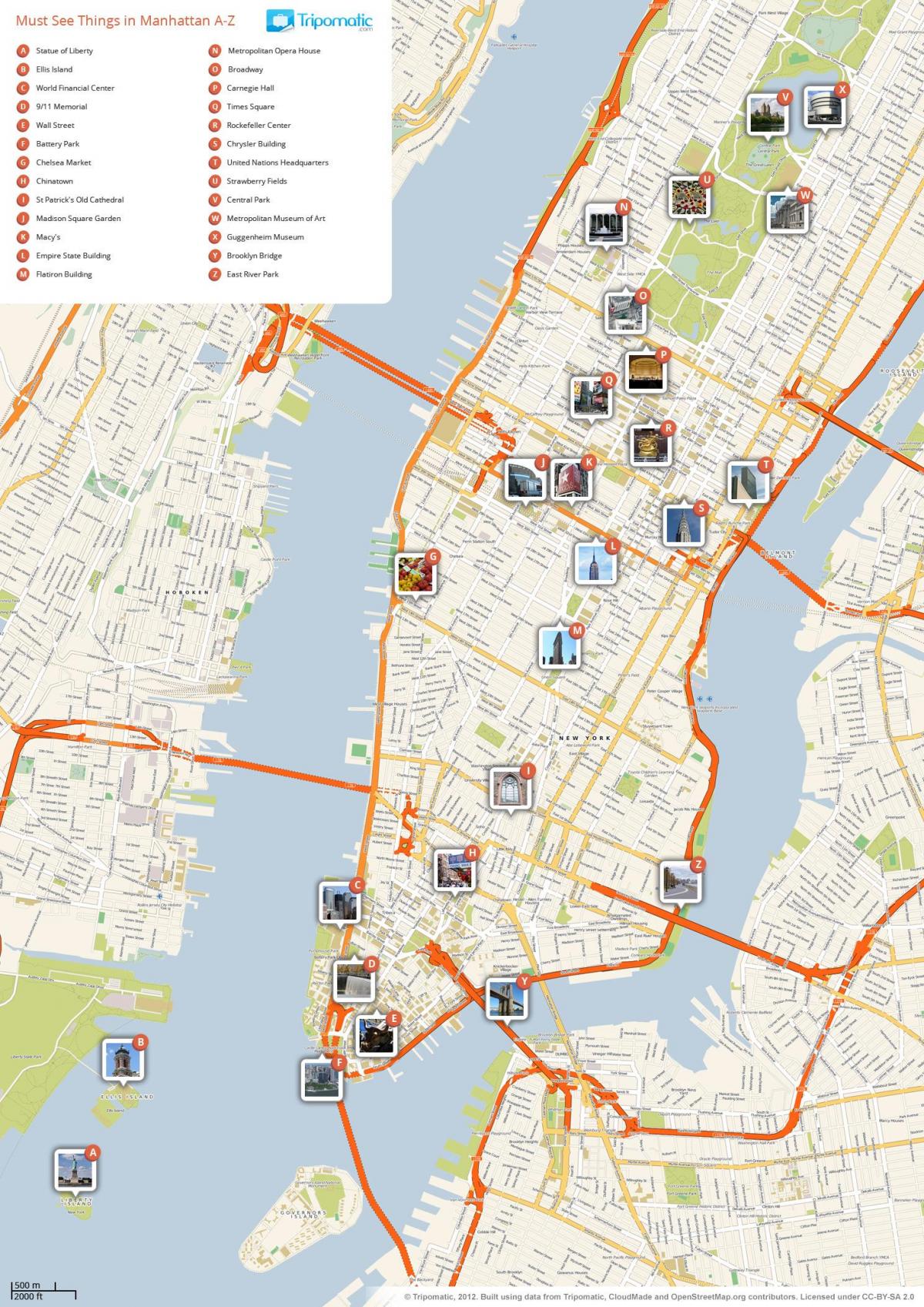 žemėlapis Manhetene, kuriame turistų lankomas vietas
