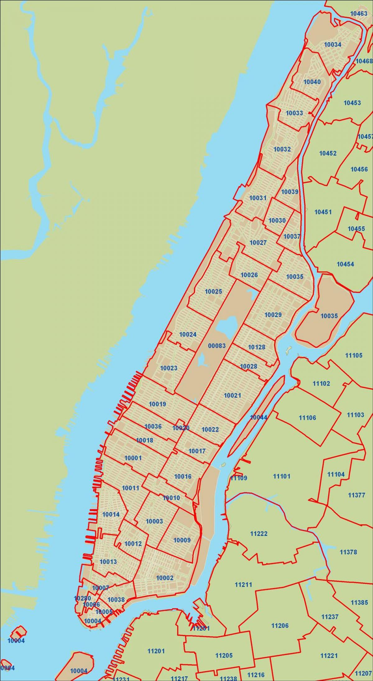 NYC zip kodas žemėlapis Manhattan