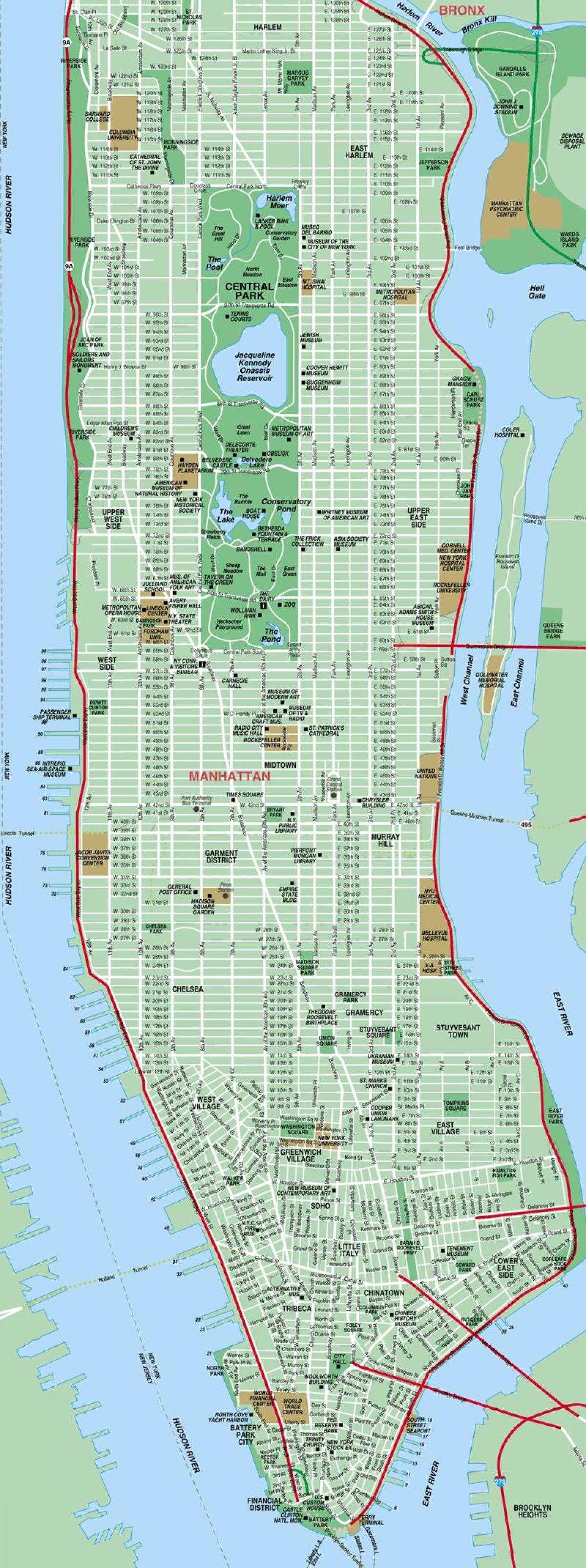Manheteno gatvių žemėlapis aukštos išsamiai