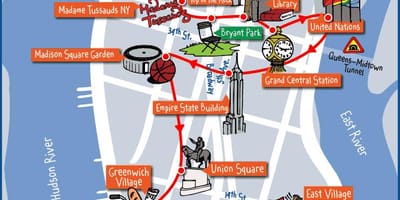 Žemėlapis Manhetene, niujorke atrakcionai