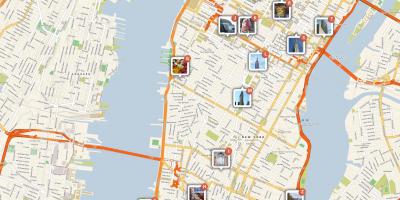 Žemėlapis Manhetene, kuriame turistų lankomas vietas